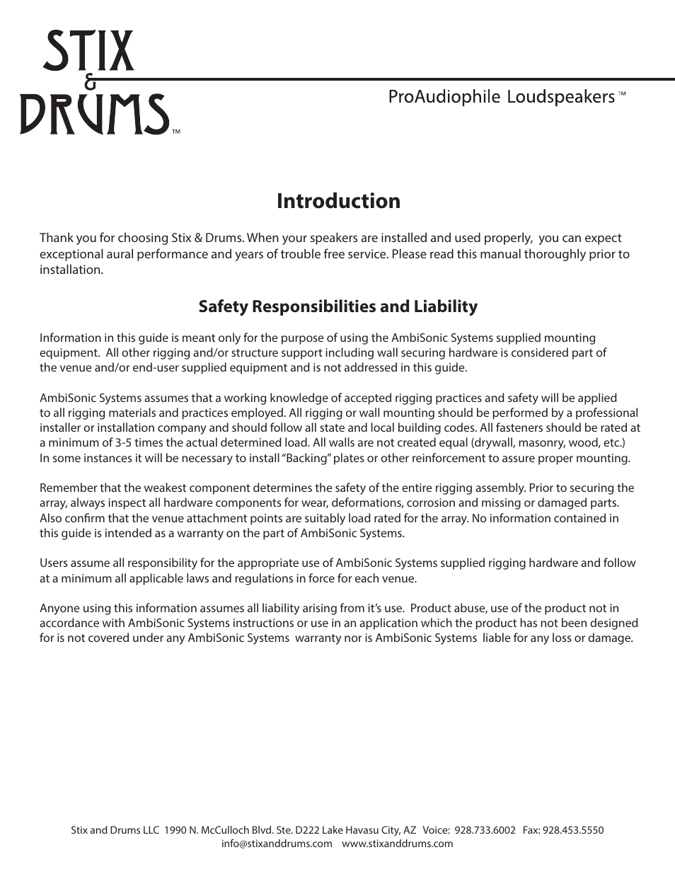 Introduction, Safety responsibilities and liability | Stix & Drums STX 4625 User Manual | Page 2 / 6
