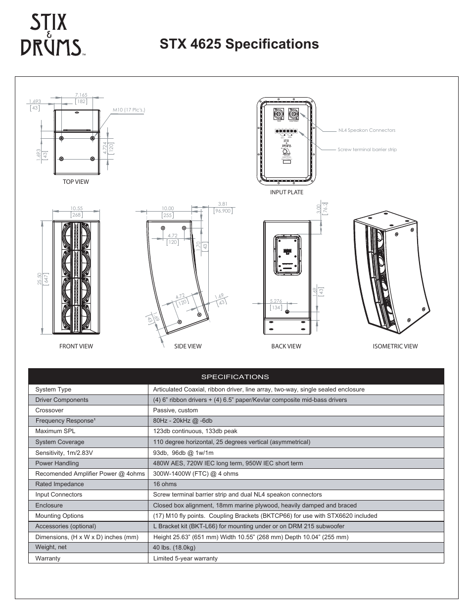 Stx4625 specifications, Stx 4625 specifications, Front view side view back view isometric view | Top view | Stix & Drums STX 4625 User Manual | Page 5 / 6