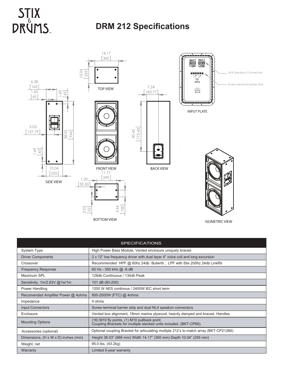 Drm212 specifications, Drm 212 specifications | Stix & Drums DRM 212 User Manual | Page 5 / 6