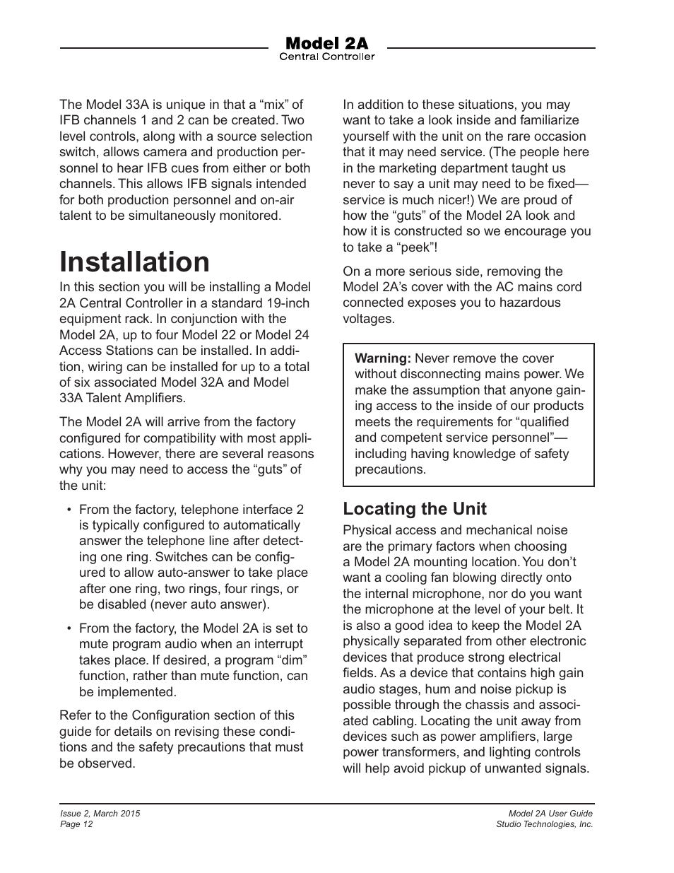 Installation, Locating the unit | Studio Technologies 2A 2015 User Manual | Page 12 / 43