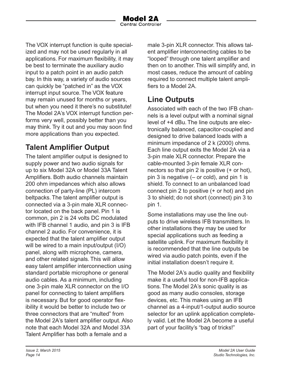 Talent ampliﬁer output, Line outputs | Studio Technologies 2A 2015 User Manual | Page 14 / 43