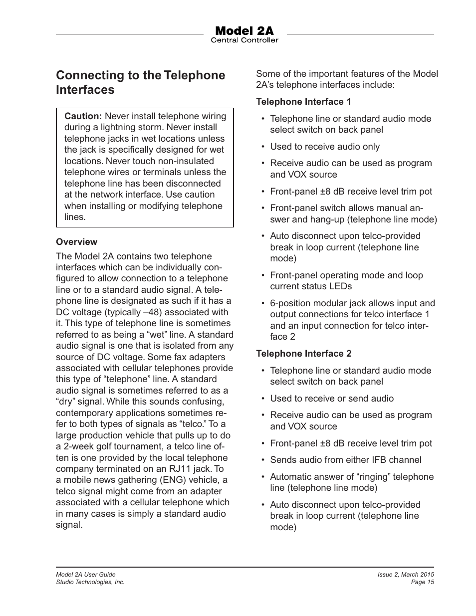 Connecting to the telephone interfaces | Studio Technologies 2A 2015 User Manual | Page 15 / 43