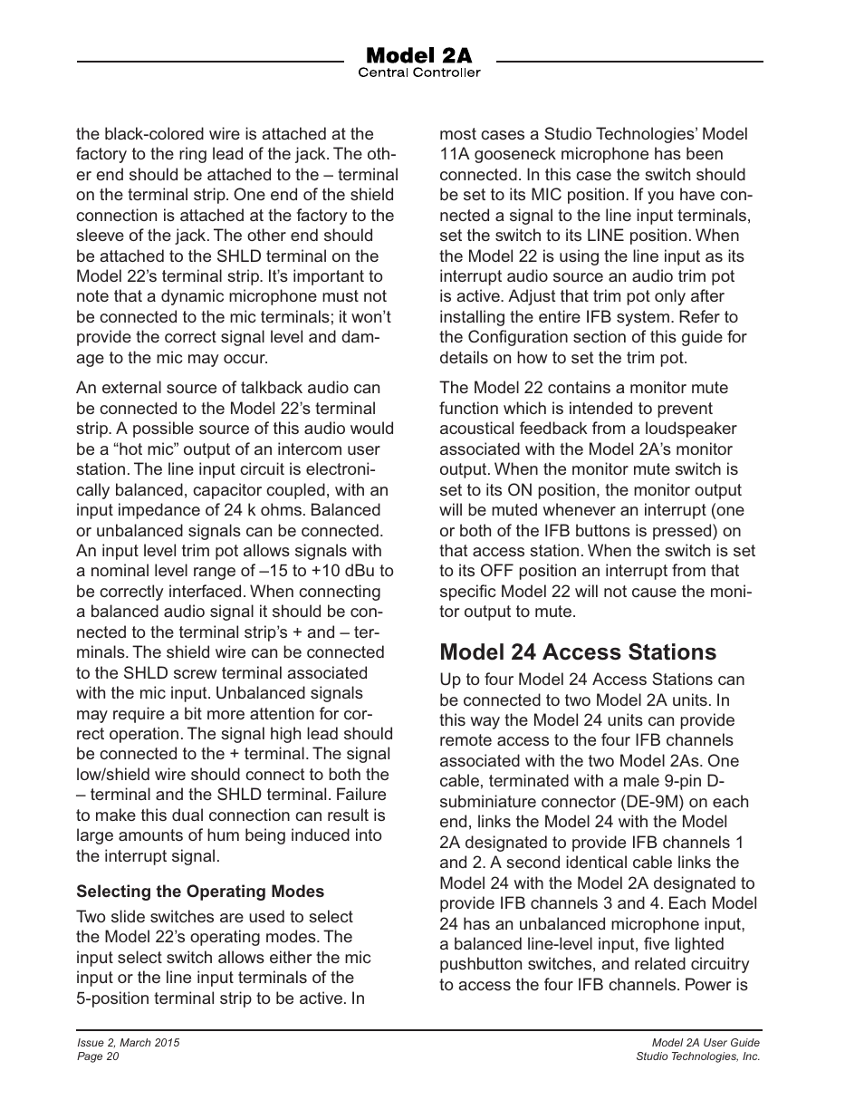 Model 24 access stations | Studio Technologies 2A 2015 User Manual | Page 20 / 43