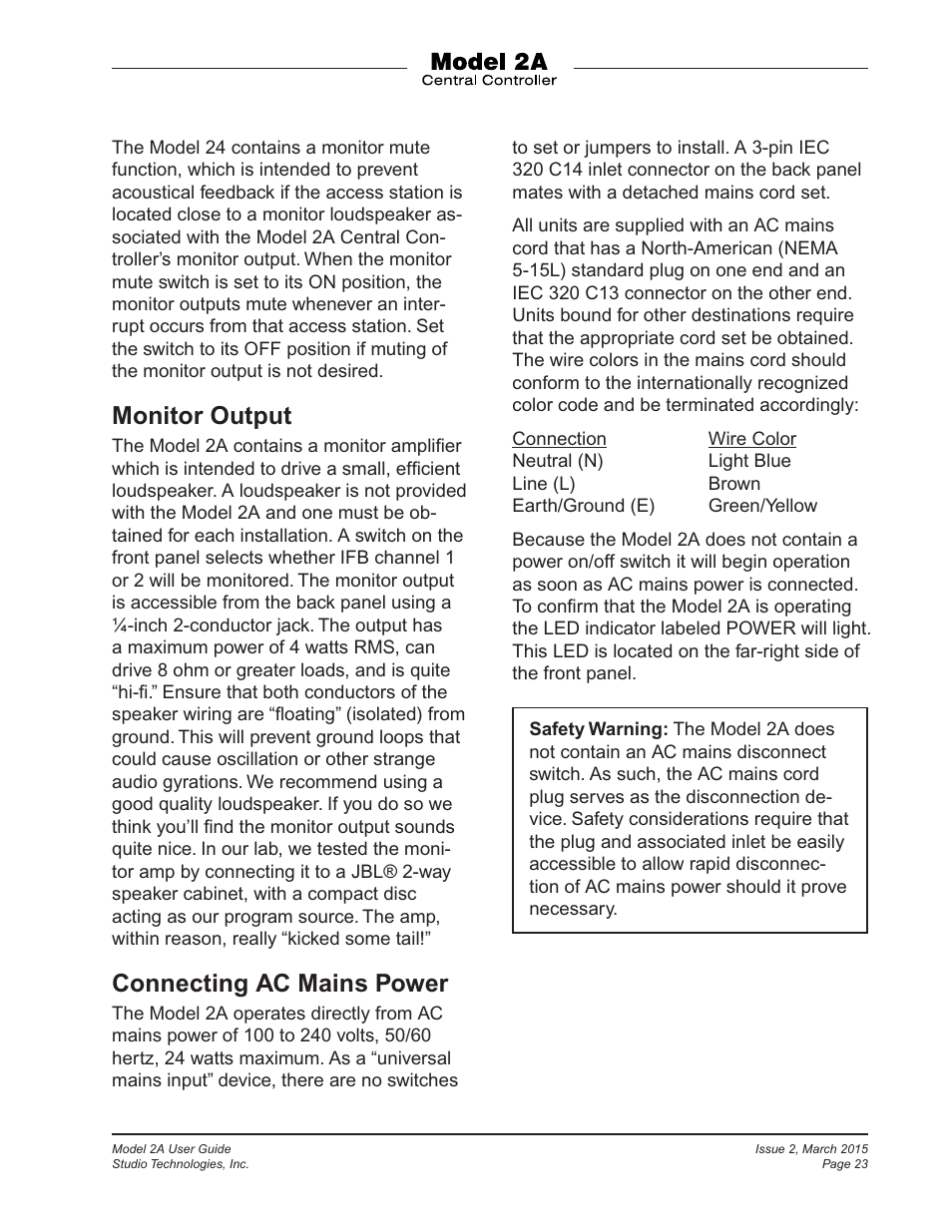 Monitor output, Connecting ac mains power | Studio Technologies 2A 2015 User Manual | Page 23 / 43