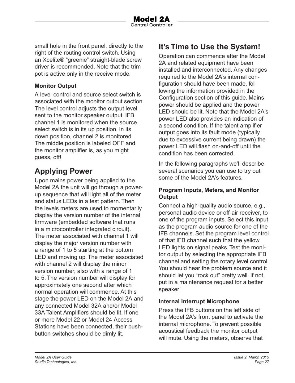 Applying power, It’s time to use the system | Studio Technologies 2A 2015 User Manual | Page 27 / 43