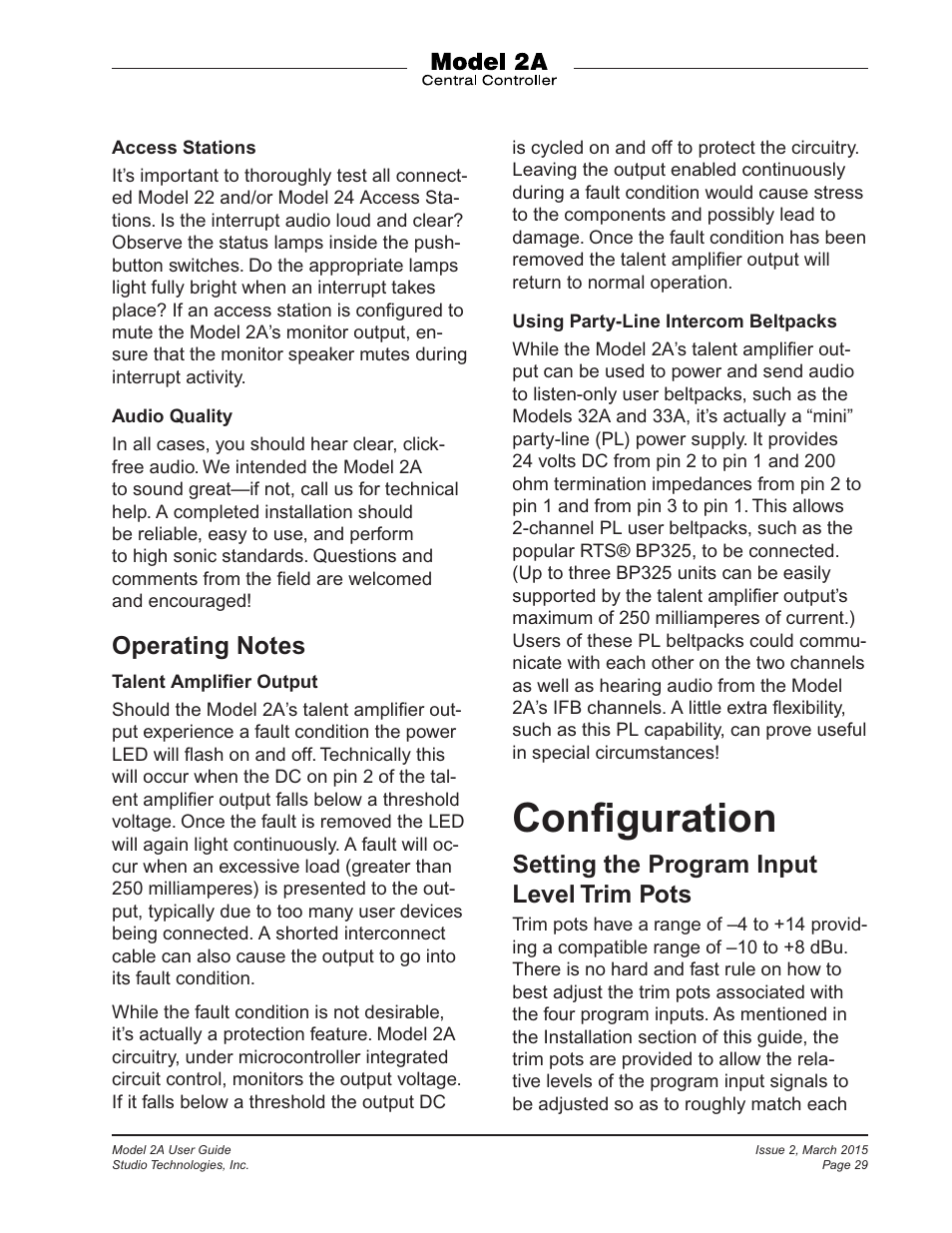 Configuration, Conﬁguration, Setting the program input level trim pots | Studio Technologies 2A 2015 User Manual | Page 29 / 43