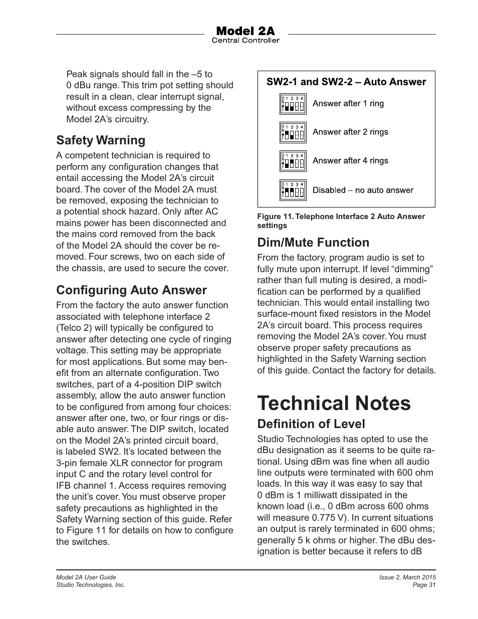 Technical notes, Safety warning, Conﬁguring auto answer | Dim/mute function, Deﬁnition of level | Studio Technologies 2A 2015 User Manual | Page 31 / 43