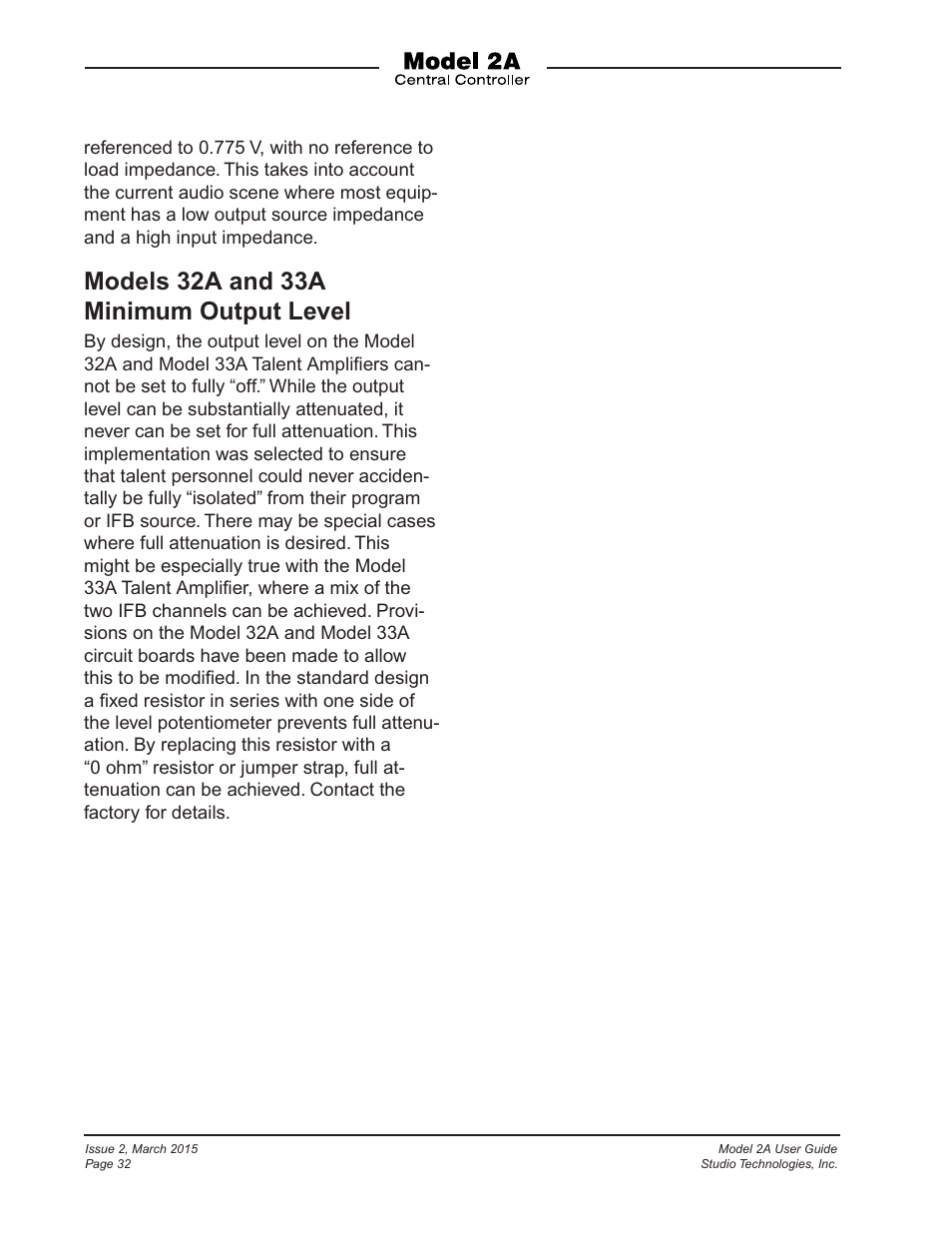 Models 32a and 33a minimum output level | Studio Technologies 2A 2015 User Manual | Page 32 / 43