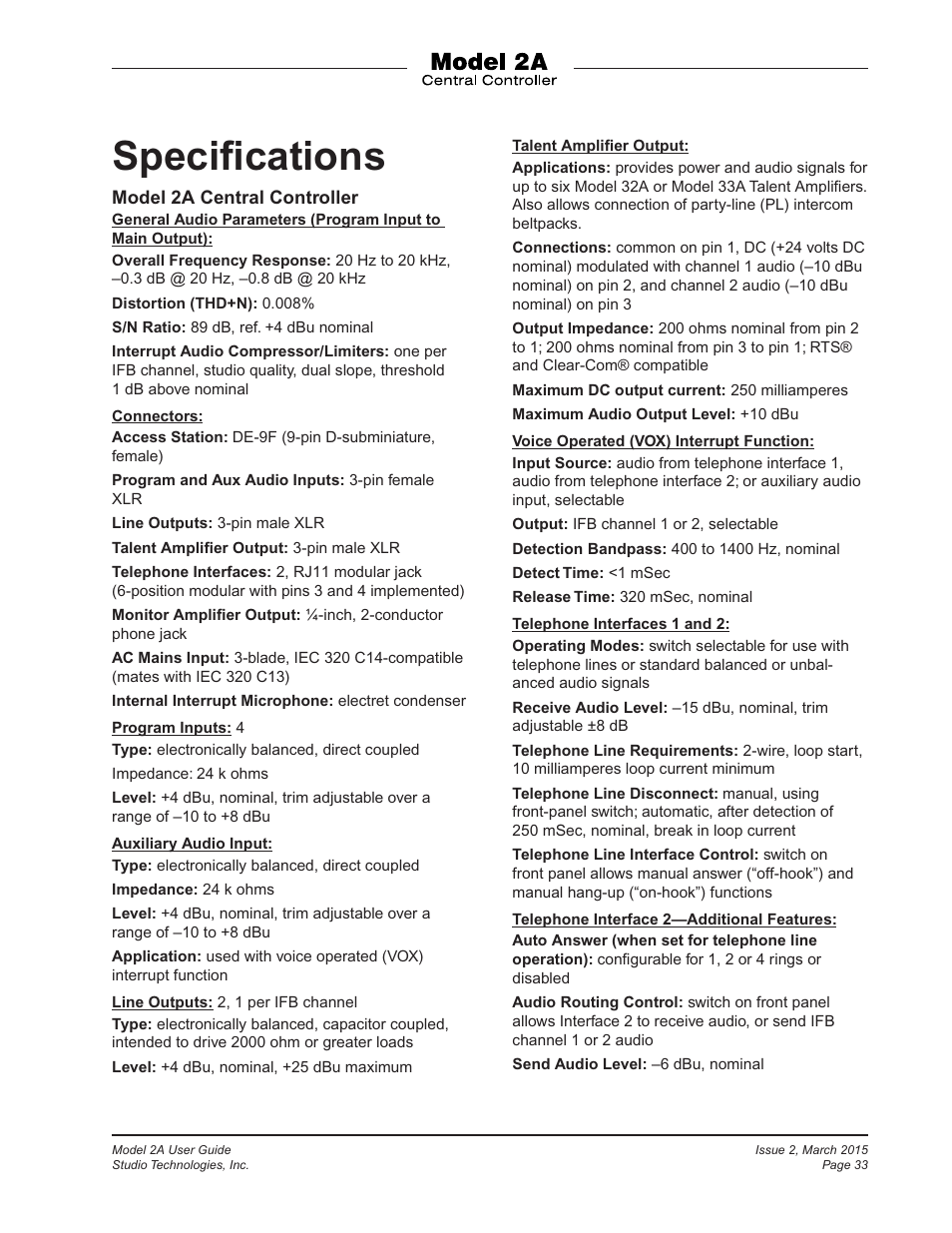 Specifications, Speciﬁcations | Studio Technologies 2A 2015 User Manual | Page 33 / 43