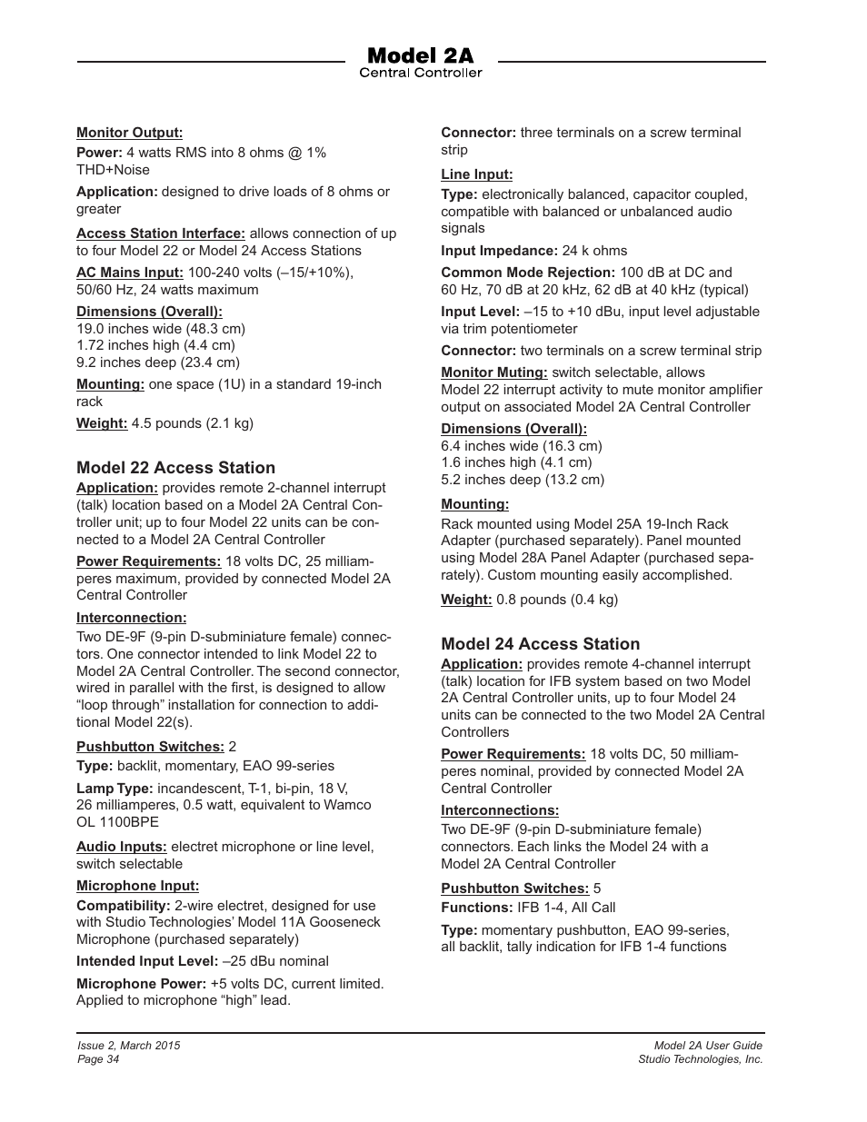 Model 22 access station, Model 24 access station | Studio Technologies 2A 2015 User Manual | Page 34 / 43