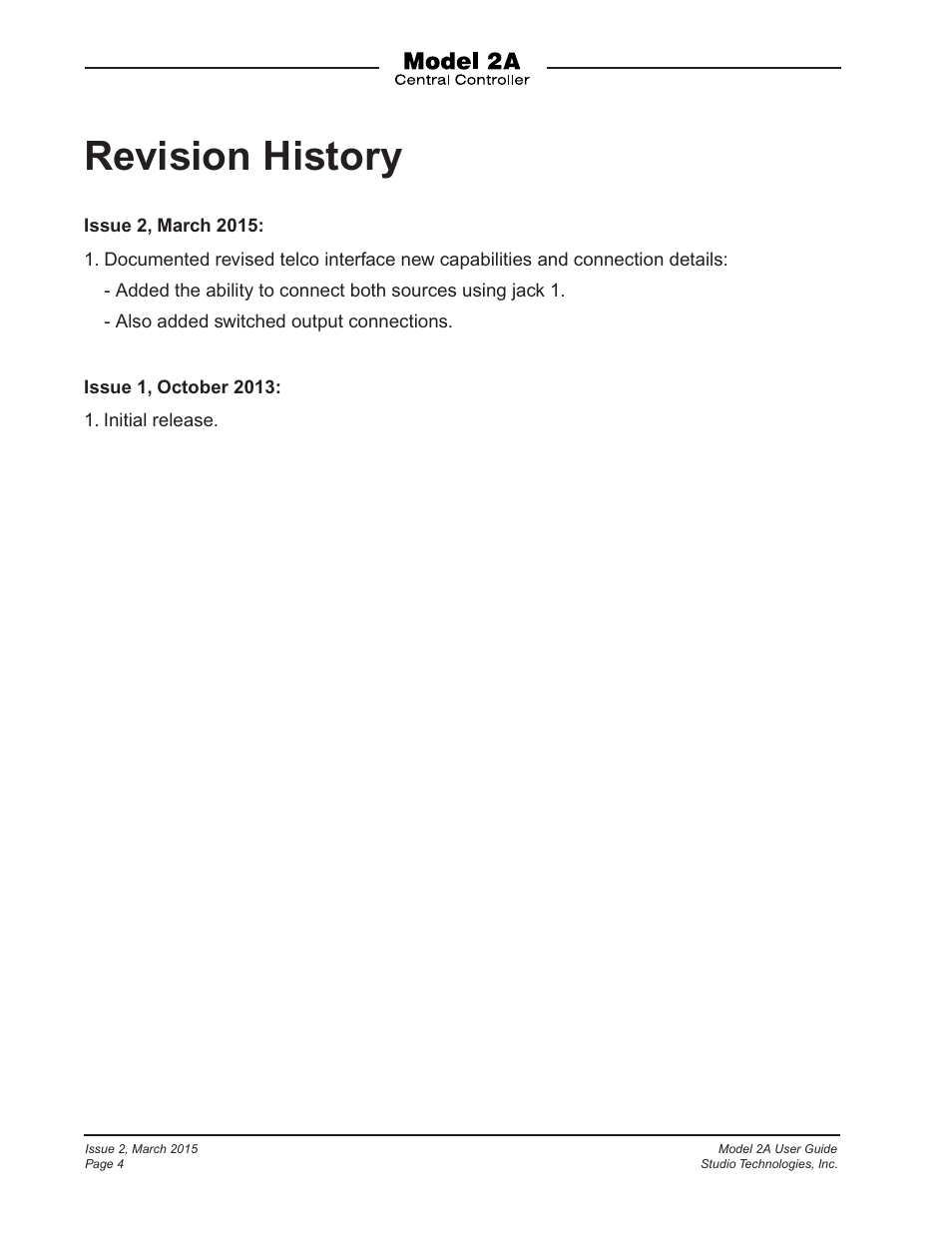 Revision history | Studio Technologies 2A 2015 User Manual | Page 4 / 43