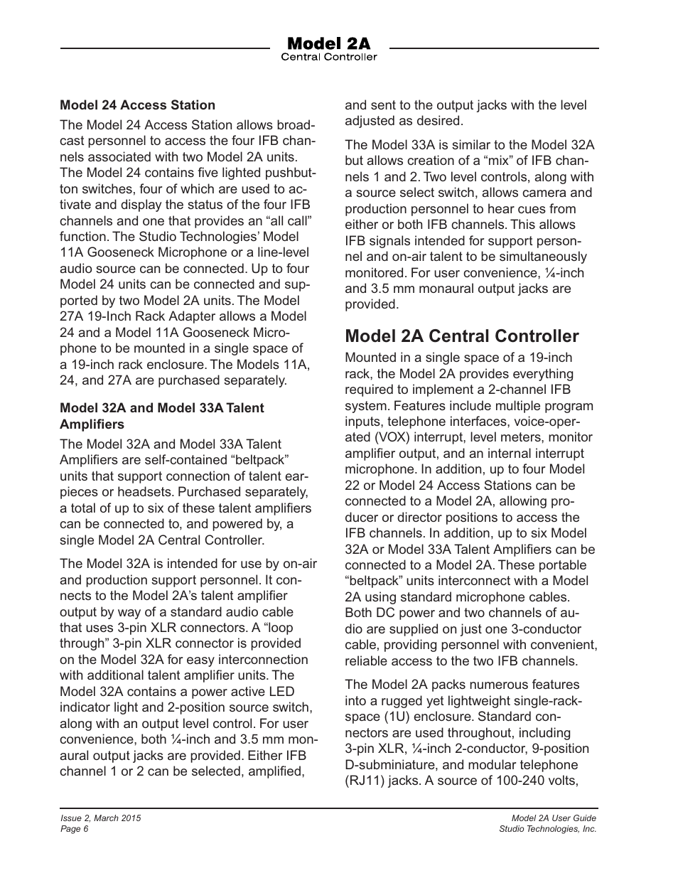 Model 2a central controller | Studio Technologies 2A 2015 User Manual | Page 6 / 43