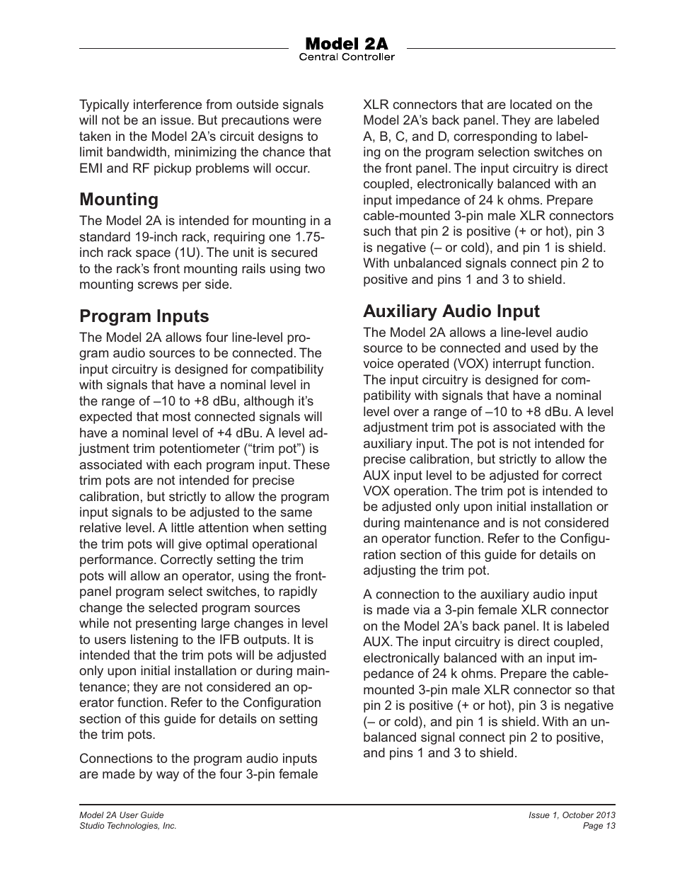 Mounting, Program inputs, Auxiliary audio input | Studio Technologies 2A 2013 User Manual | Page 13 / 41