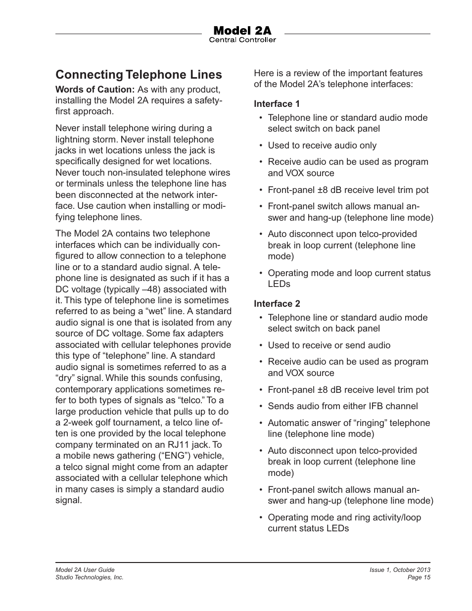 Connecting telephone lines | Studio Technologies 2A 2013 User Manual | Page 15 / 41