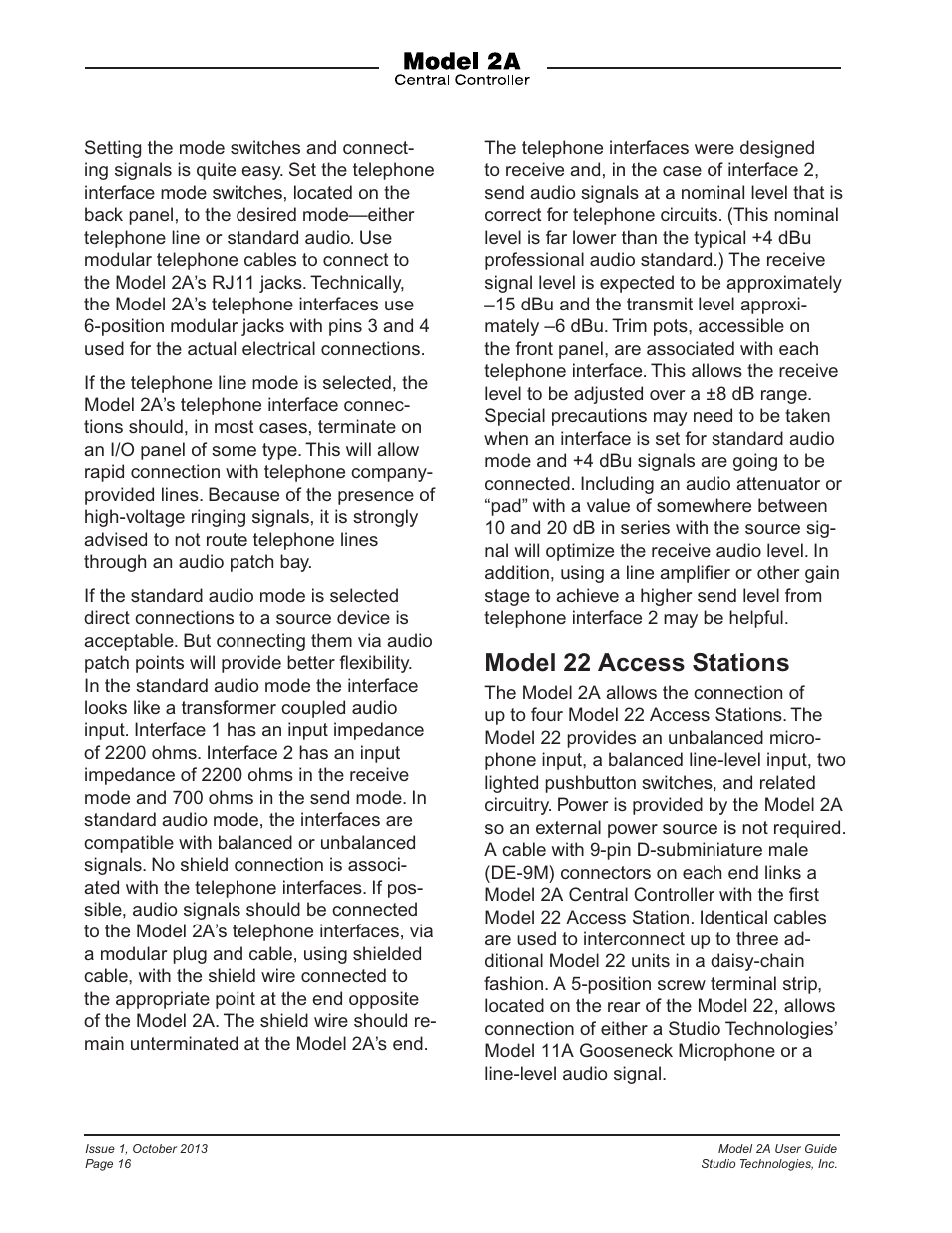 Model 22 access stations | Studio Technologies 2A 2013 User Manual | Page 16 / 41