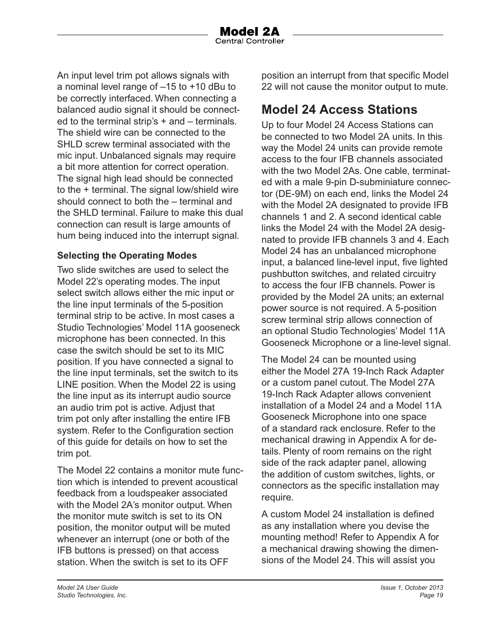 Model 24 access stations | Studio Technologies 2A 2013 User Manual | Page 19 / 41