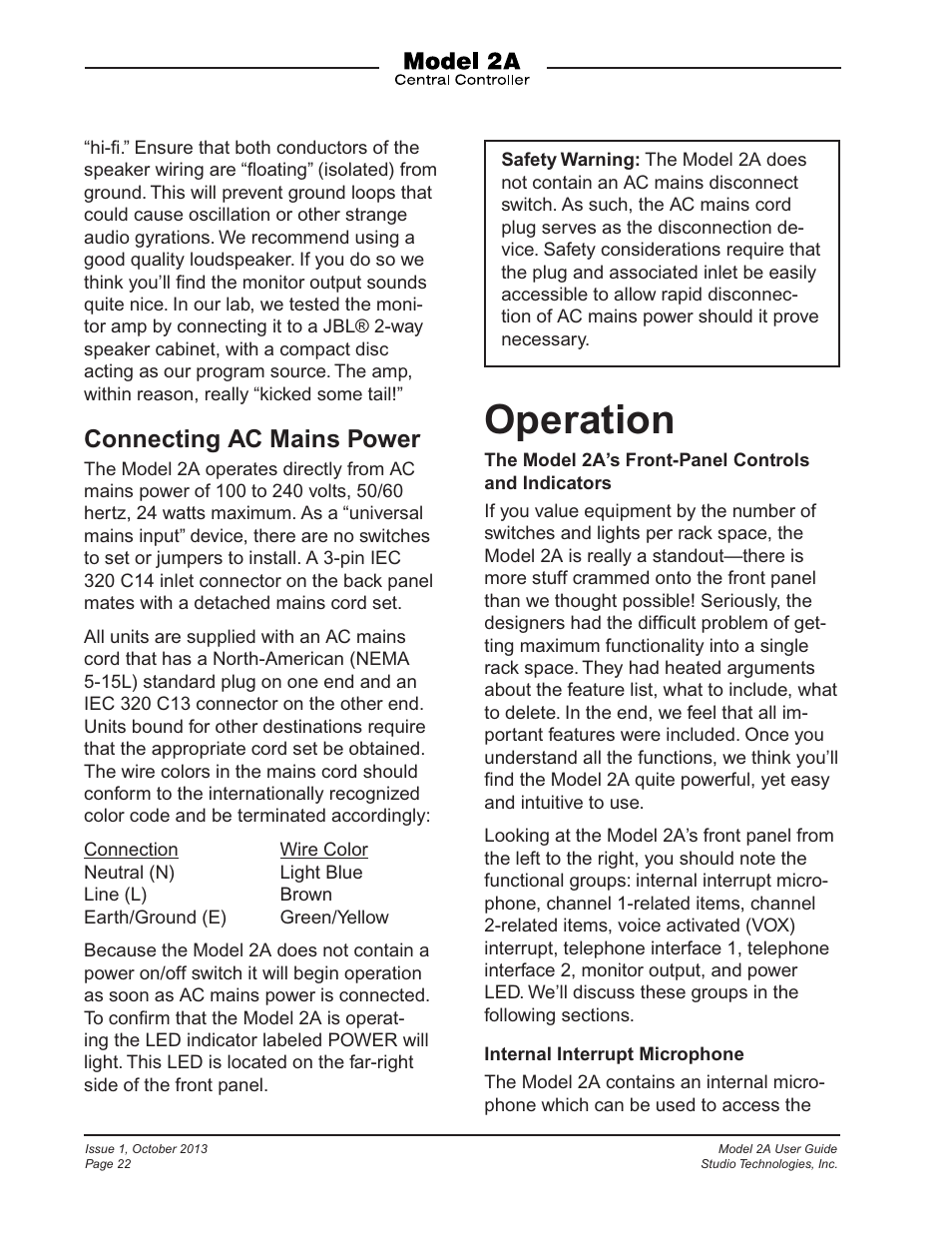 Operation, Connecting ac mains power | Studio Technologies 2A 2013 User Manual | Page 22 / 41