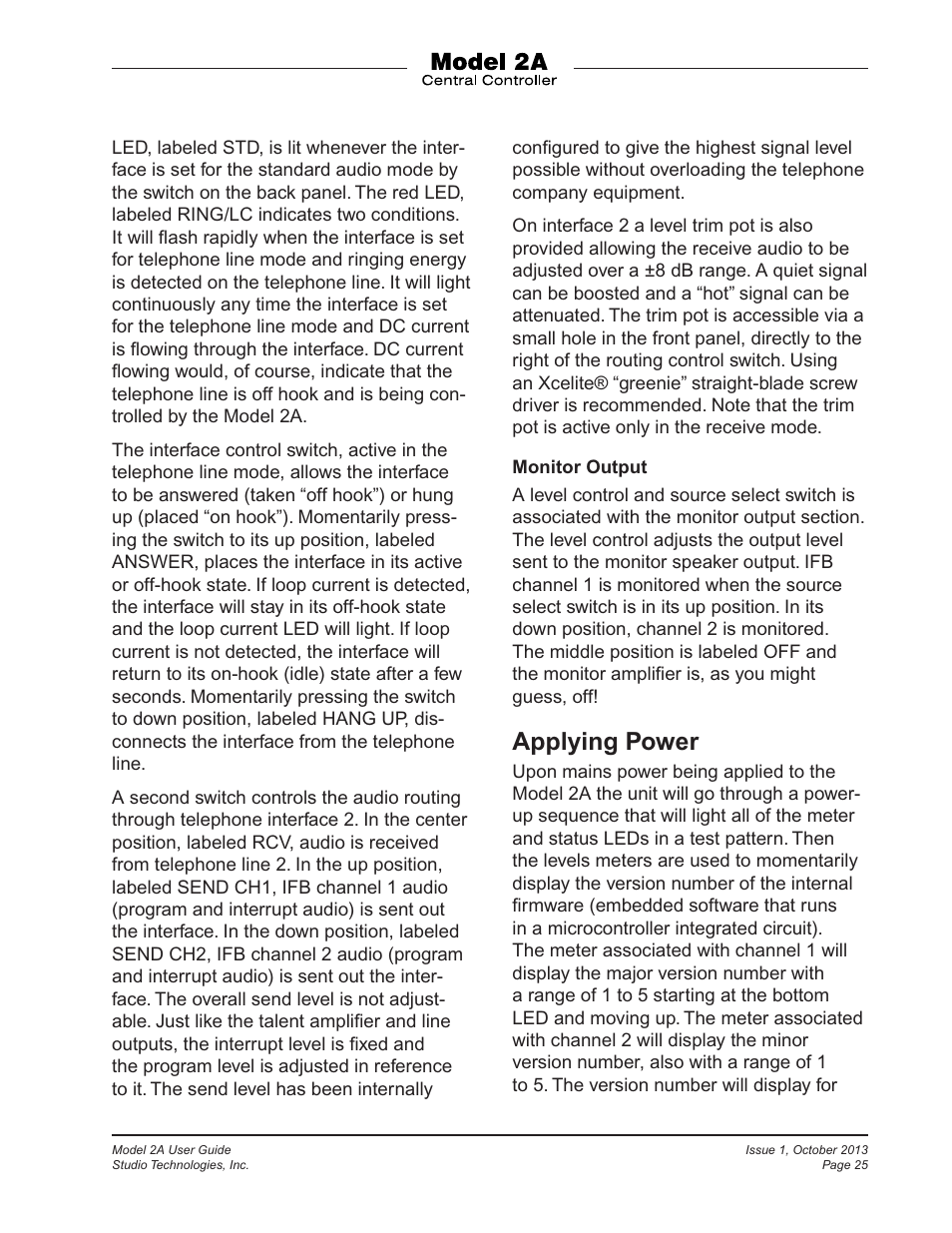 Applying power | Studio Technologies 2A 2013 User Manual | Page 25 / 41