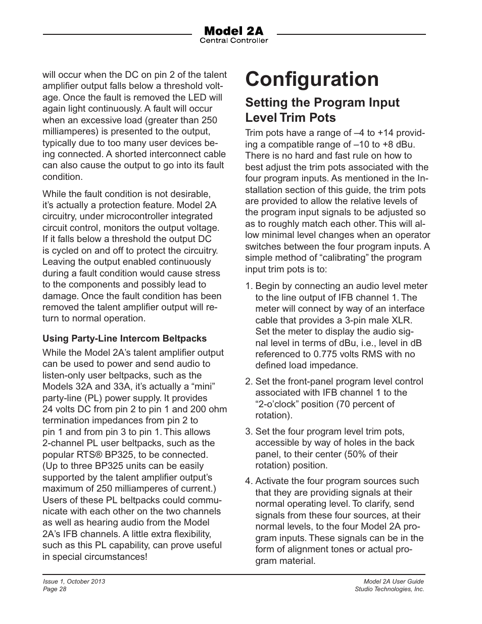 Configuration, Conﬁguration, Setting the program input level trim pots | Studio Technologies 2A 2013 User Manual | Page 28 / 41