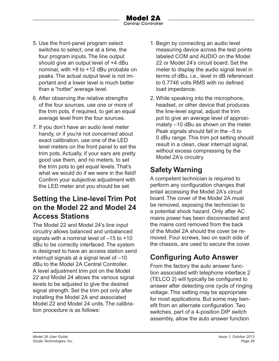 Safety warning, Conﬁguring auto answer | Studio Technologies 2A 2013 User Manual | Page 29 / 41