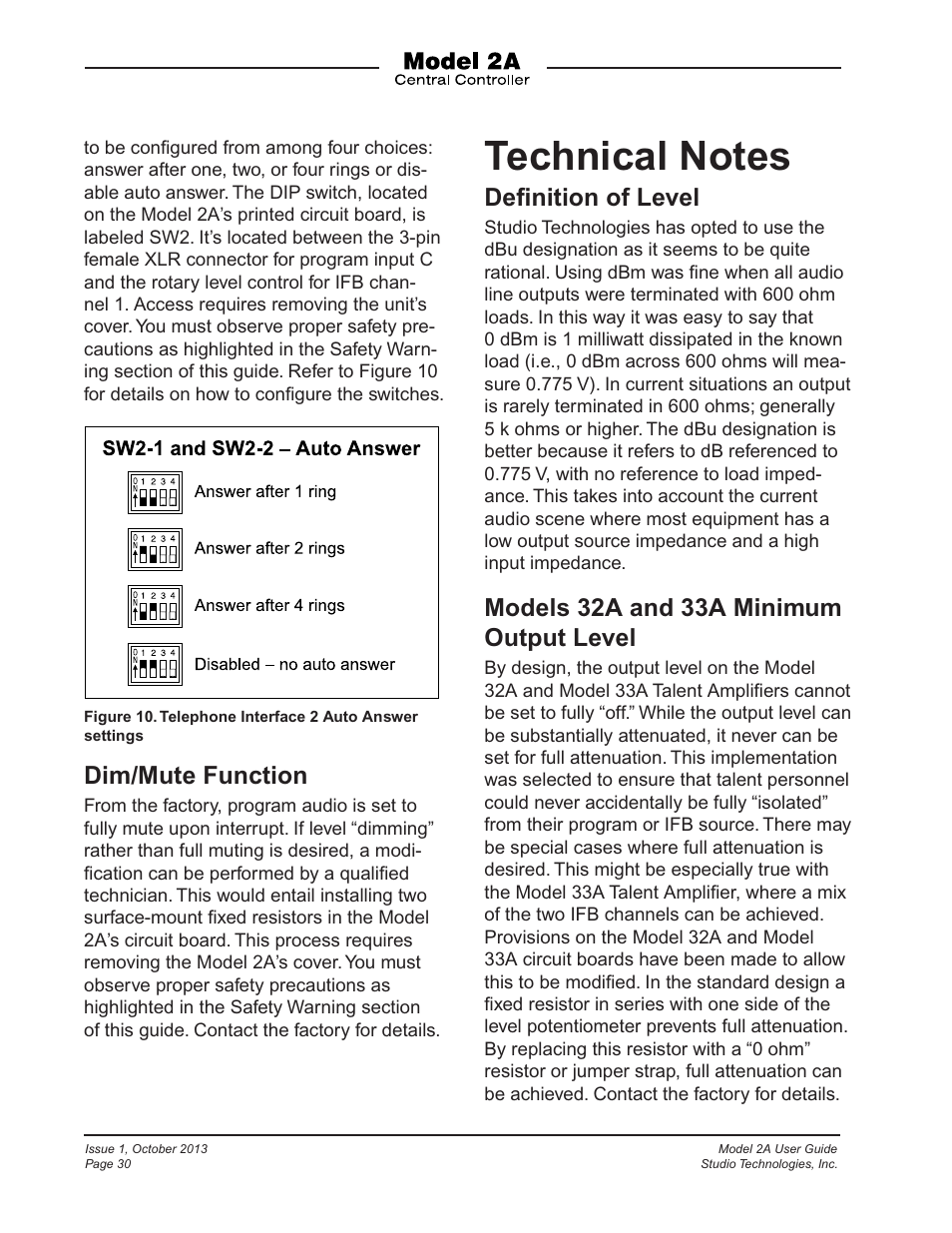 Technical notes, Deﬁnition of level, Models 32a and 33a minimum output level | Dim/mute function | Studio Technologies 2A 2013 User Manual | Page 30 / 41