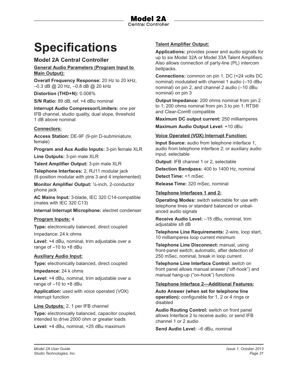 Specifications, Speciﬁcations | Studio Technologies 2A 2013 User Manual | Page 31 / 41