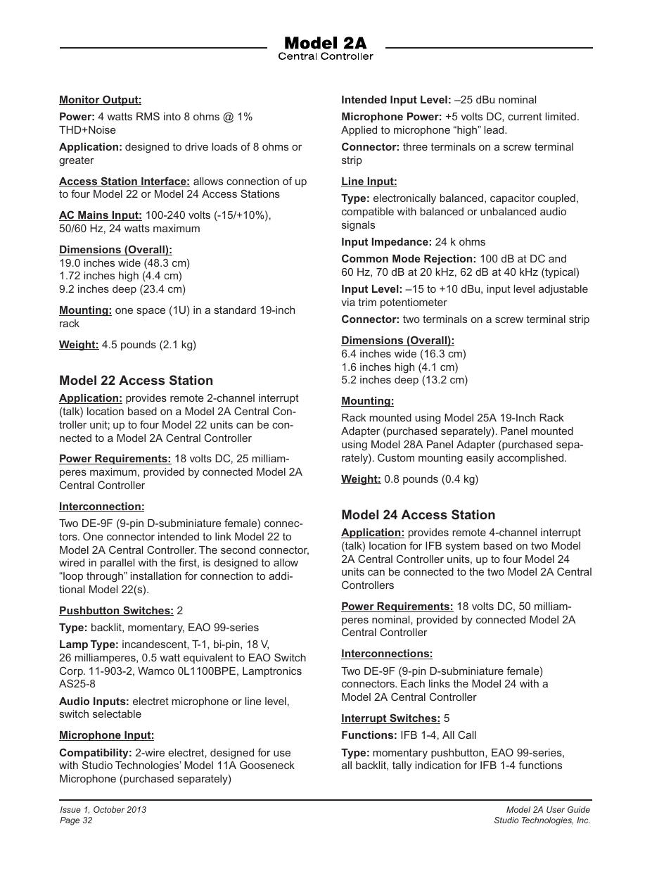 Studio Technologies 2A 2013 User Manual | Page 32 / 41