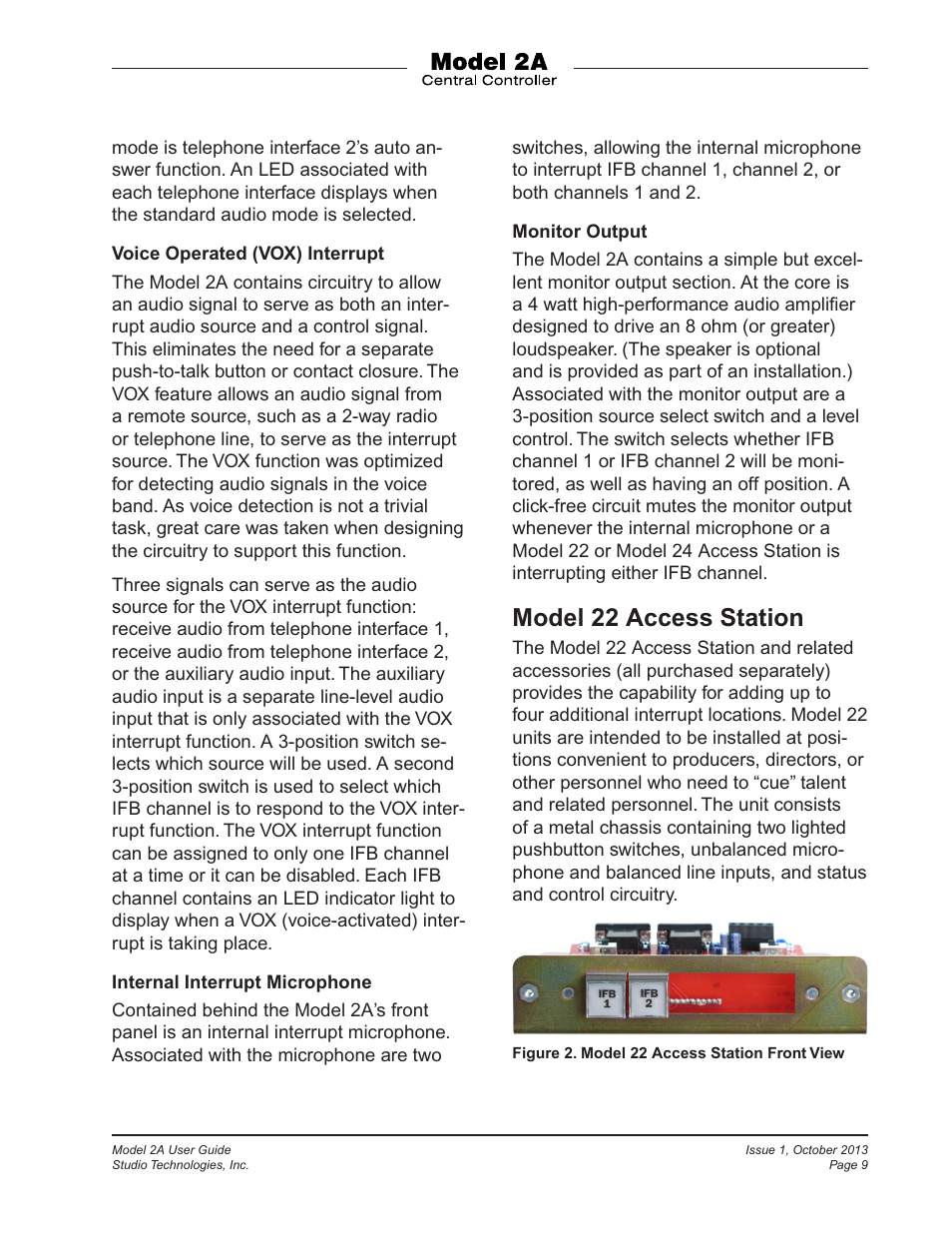 Model 22 access station | Studio Technologies 2A 2013 User Manual | Page 9 / 41