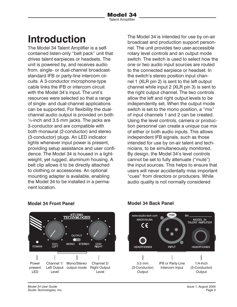 Introduction, Model 34 | Studio Technologies 34 User Manual | Page 3 / 8