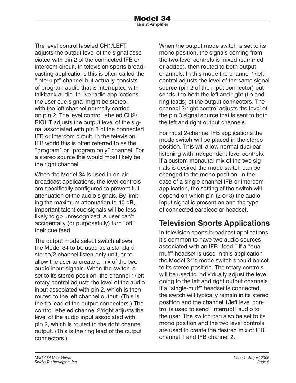 Television sports applications, Model 34 | Studio Technologies 34 User Manual | Page 5 / 8