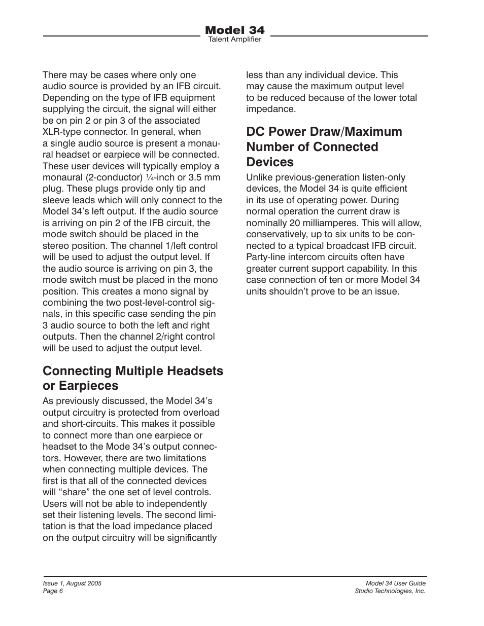 Connecting multiple headsets or earpieces, Dc power draw/maximum number of connected devices, Model 34 | Studio Technologies 34 User Manual | Page 6 / 8