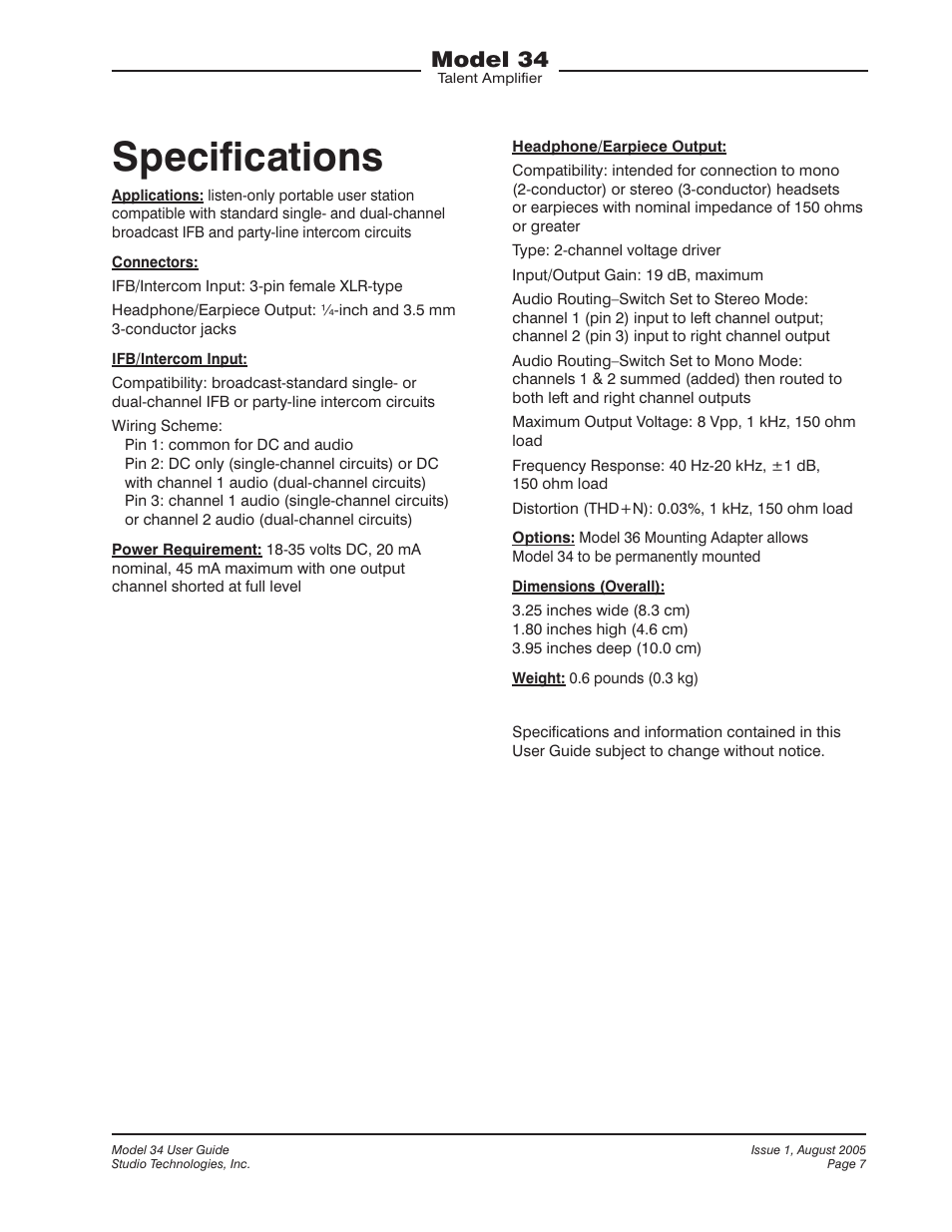 Specifications, Model 34 | Studio Technologies 34 User Manual | Page 7 / 8