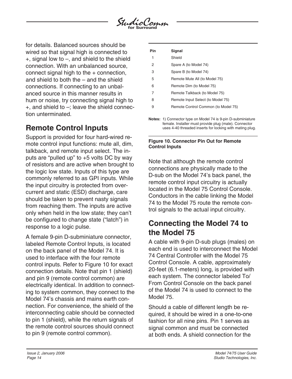 Remote control inputs, Connecting the model 74 to the model 75 | Studio Technologies 74 User Manual | Page 13 / 56