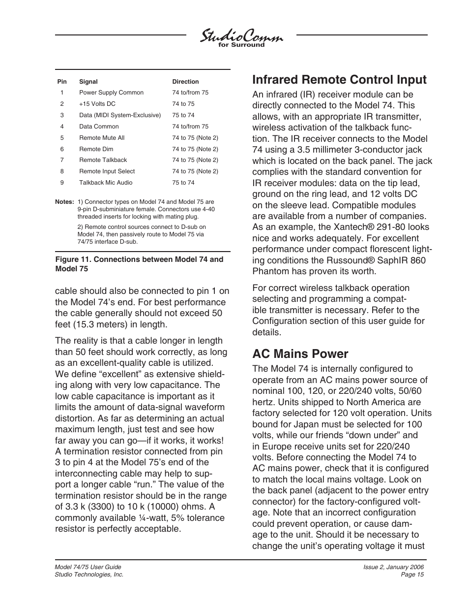 Infrared remote control input, Ac mains power | Studio Technologies 74 User Manual | Page 14 / 56