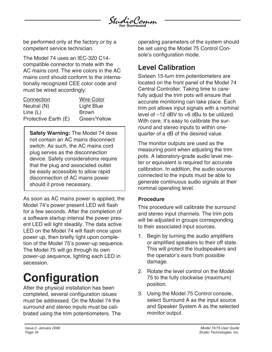 Confi guration, Level calibration | Studio Technologies 74 User Manual | Page 15 / 56