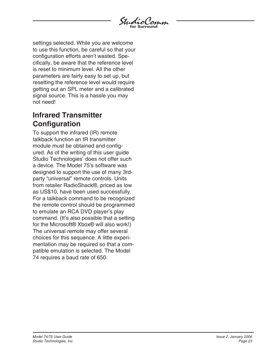 Infrared transmitter confi guration | Studio Technologies 74 User Manual | Page 22 / 56