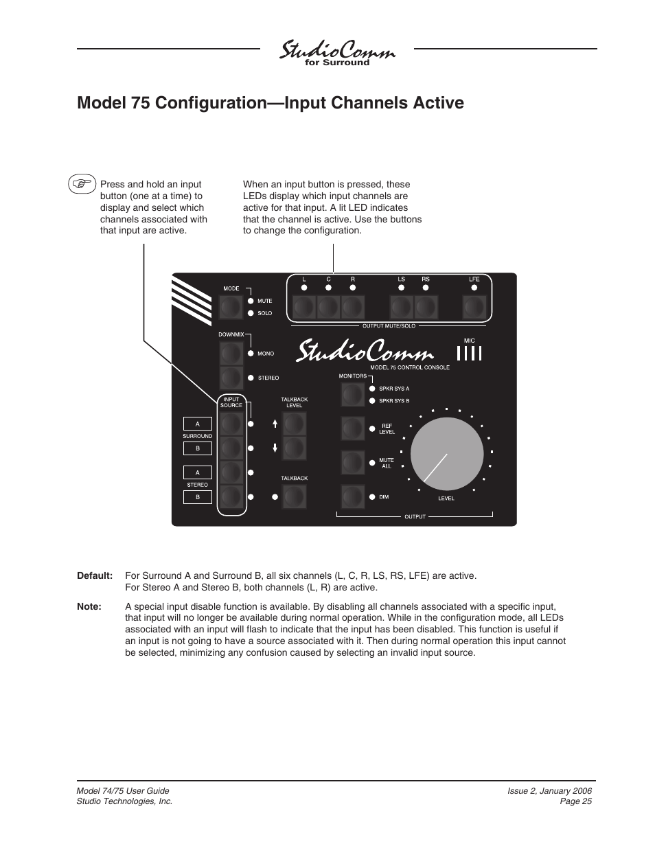 Model 75 confi guration—input channels active | Studio Technologies 74 User Manual | Page 24 / 56