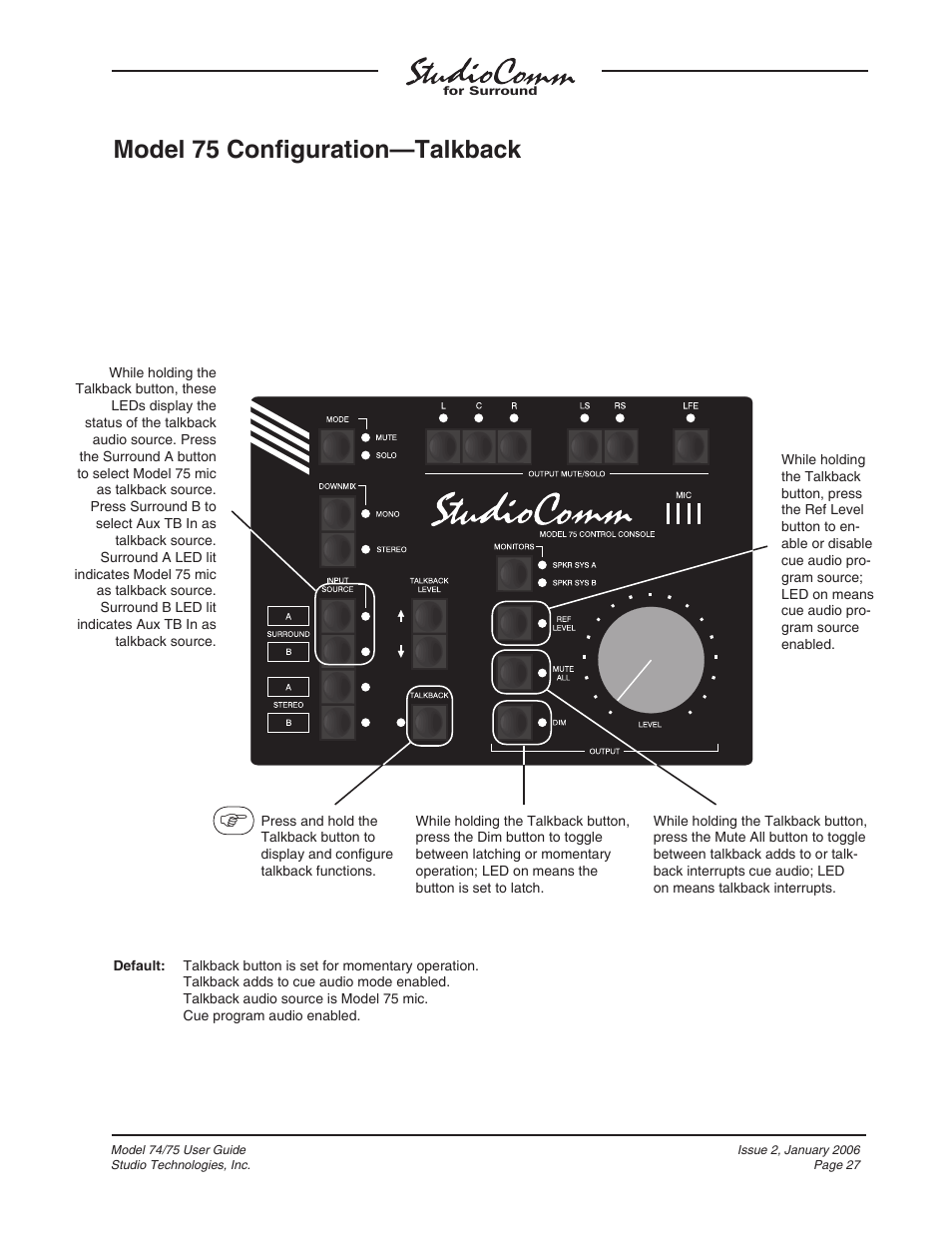 Model 75 confi guration—talkback | Studio Technologies 74 User Manual | Page 26 / 56