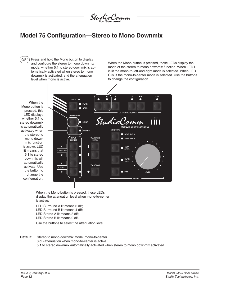 Model 75 confi guration—stereo to mono downmix | Studio Technologies 74 User Manual | Page 31 / 56