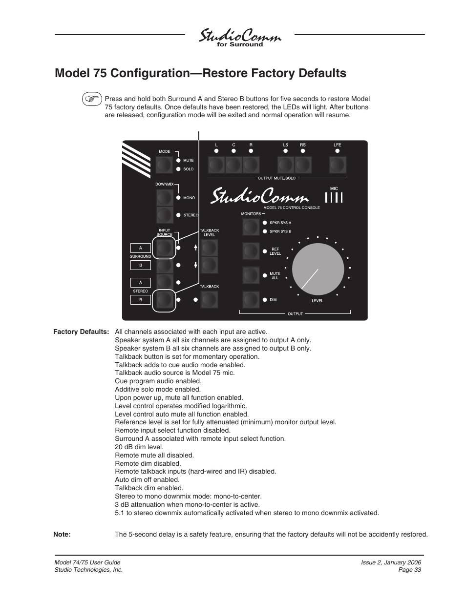 Model 75 confi guration—restore factory defaults | Studio Technologies 74 User Manual | Page 32 / 56