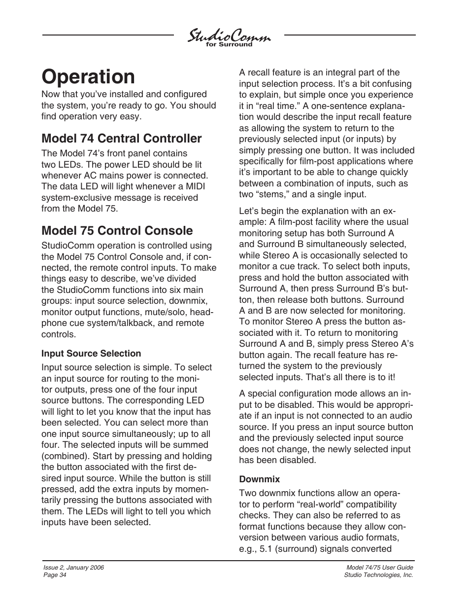 Operation, Model 74 central controller, Model 75 control console | Studio Technologies 74 User Manual | Page 33 / 56