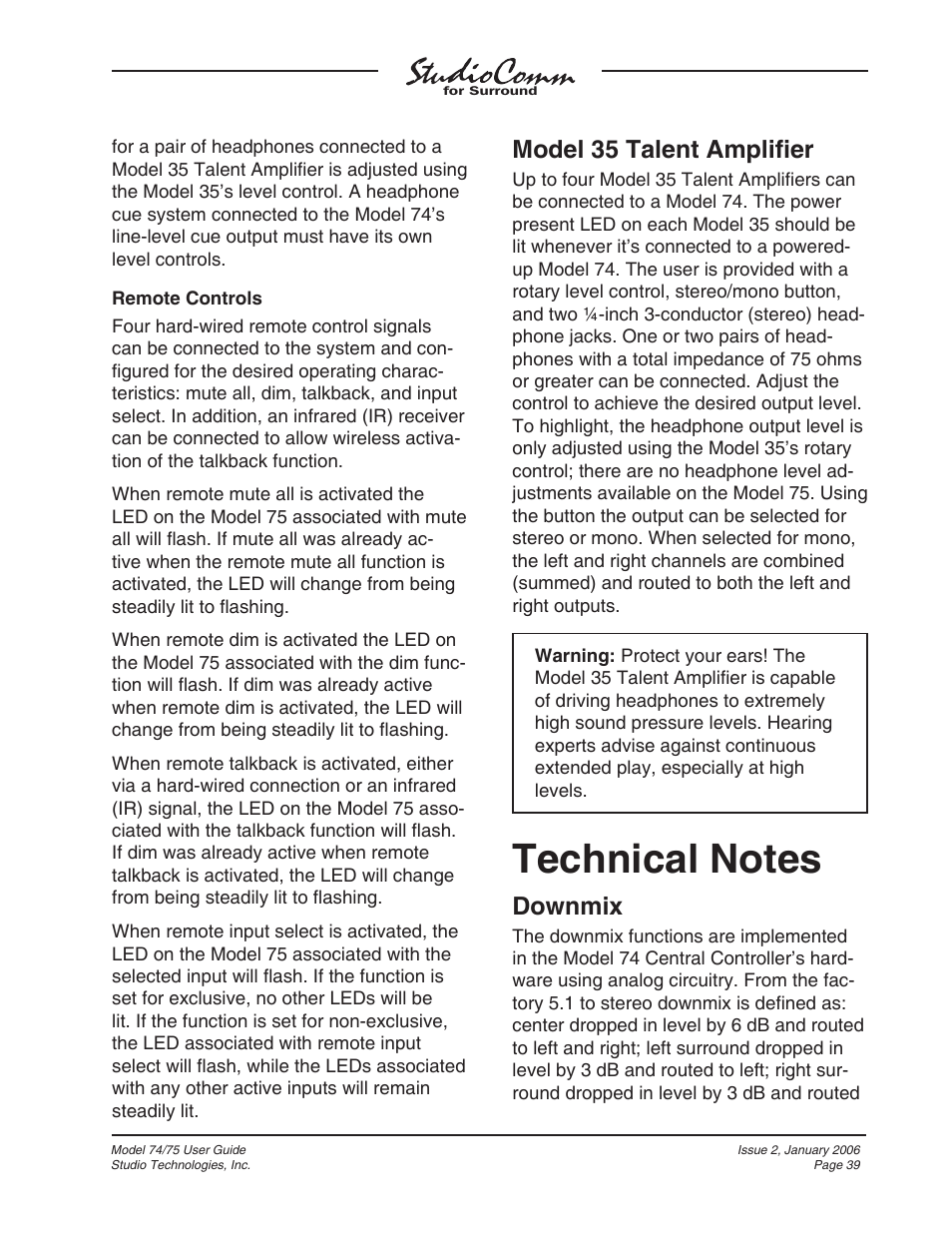 Model 35 talent amplifi er, Downmix | Studio Technologies 74 User Manual | Page 38 / 56