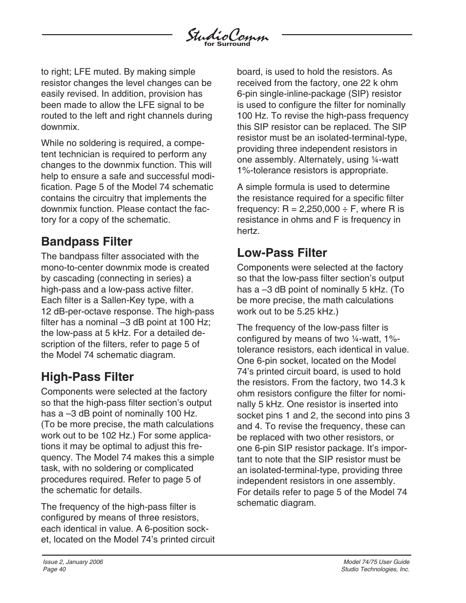 Bandpass filter, High-pass filter, Low-pass filter | Studio Technologies 74 User Manual | Page 39 / 56