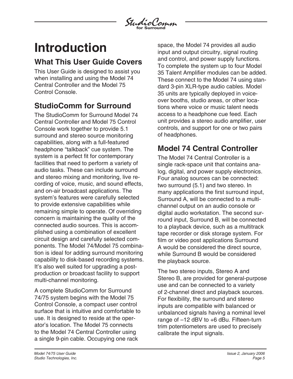 Introduction, What this user guide covers, Studiocomm for surround | Model 74 central controller | Studio Technologies 74 User Manual | Page 4 / 56