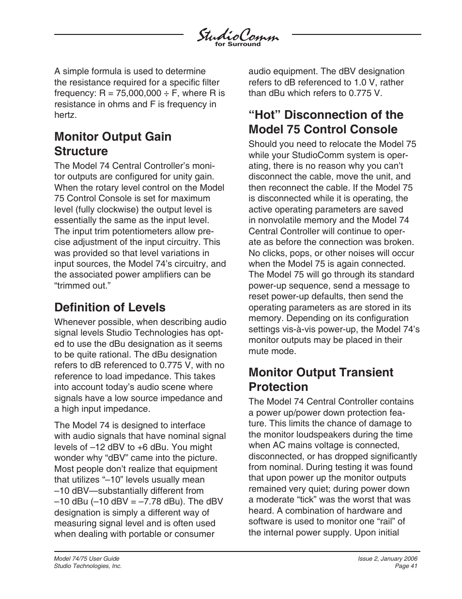 Monitor output gain structure, Defi nition of levels, Hot” disconnection of the model 75 control console | Monitor output transient protection | Studio Technologies 74 User Manual | Page 40 / 56