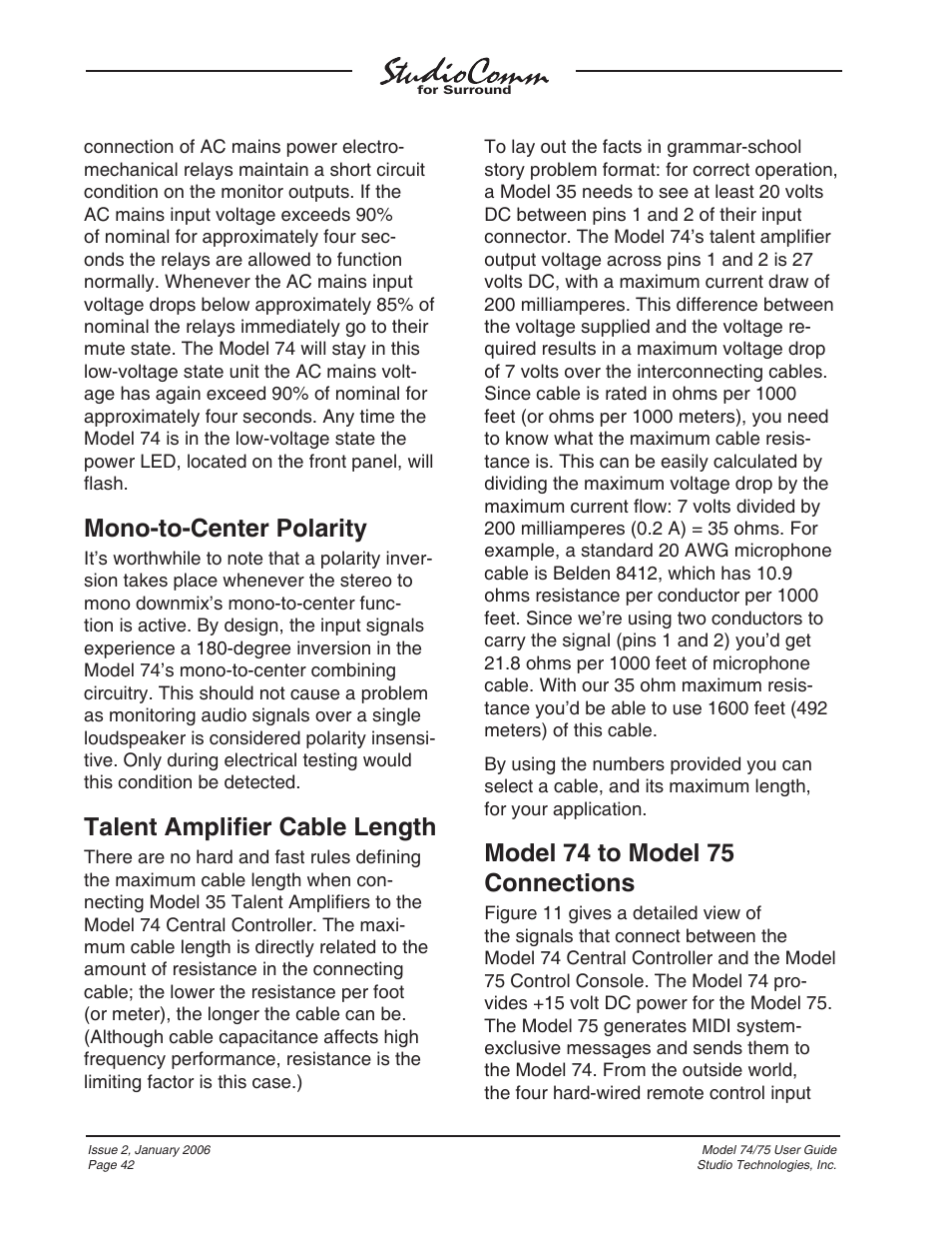 Mono-to-center polarity, Talent amplifi er cable length, Model 74 to model 75 connections | Studio Technologies 74 User Manual | Page 41 / 56