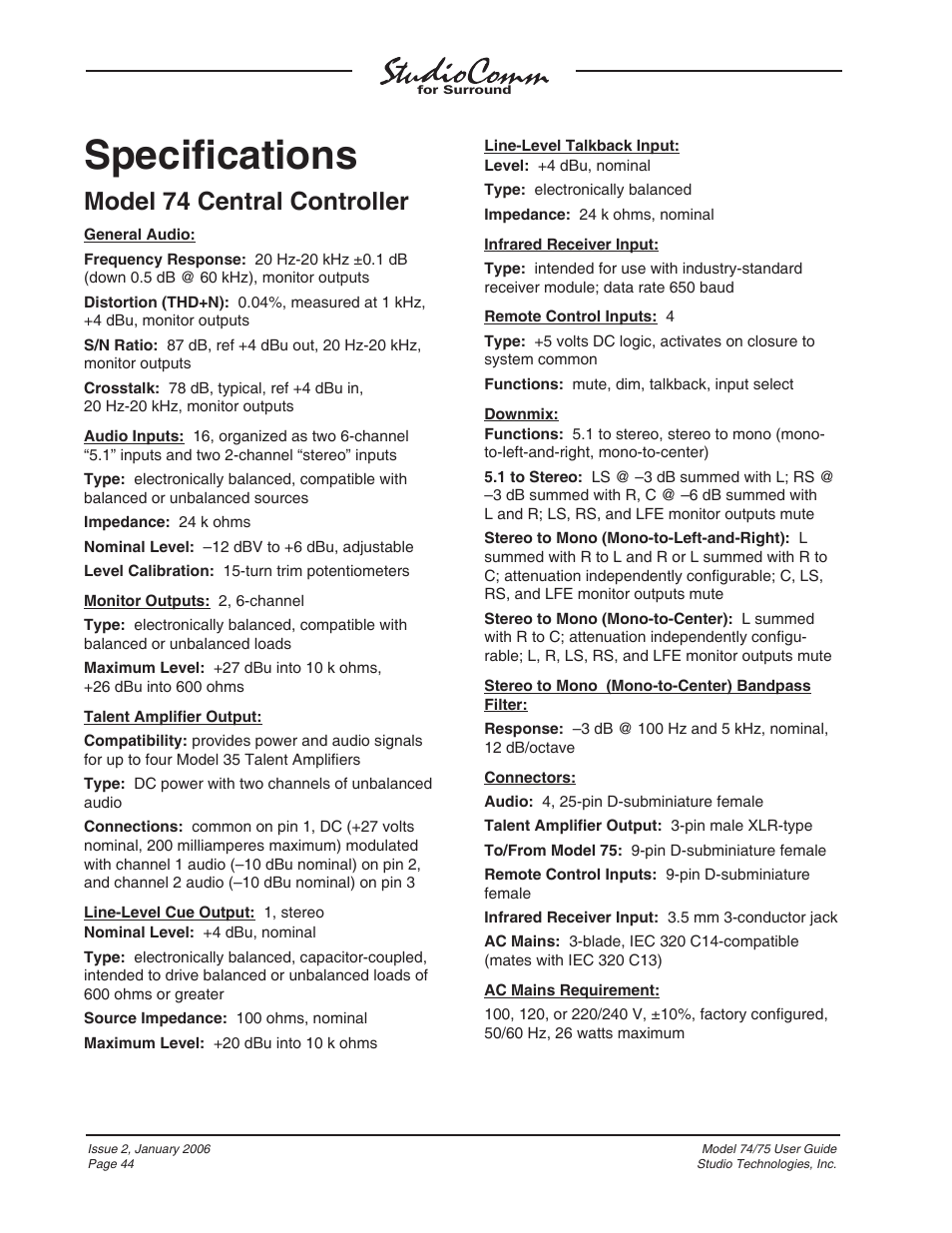 Specifi cations, Model 74 central controller | Studio Technologies 74 User Manual | Page 43 / 56