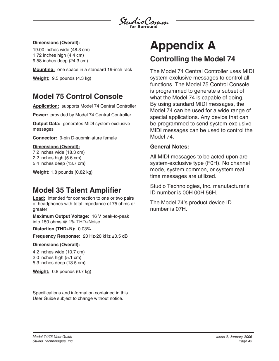 Appendix a, Model 75 control console, Model 35 talent amplifi er | Controlling the model 74 | Studio Technologies 74 User Manual | Page 44 / 56