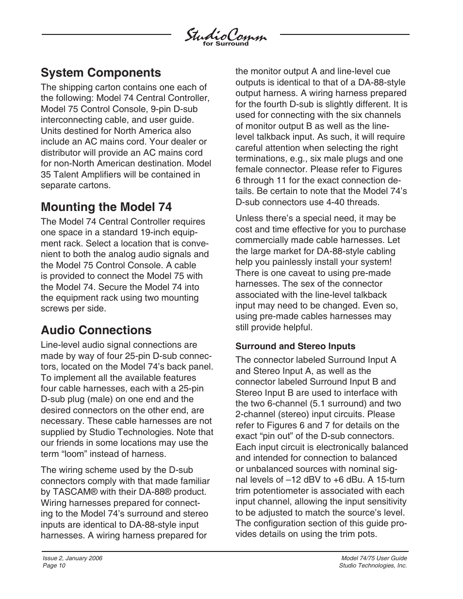 System components, Mounting the model 74, Audio connections | Studio Technologies 74 User Manual | Page 9 / 56