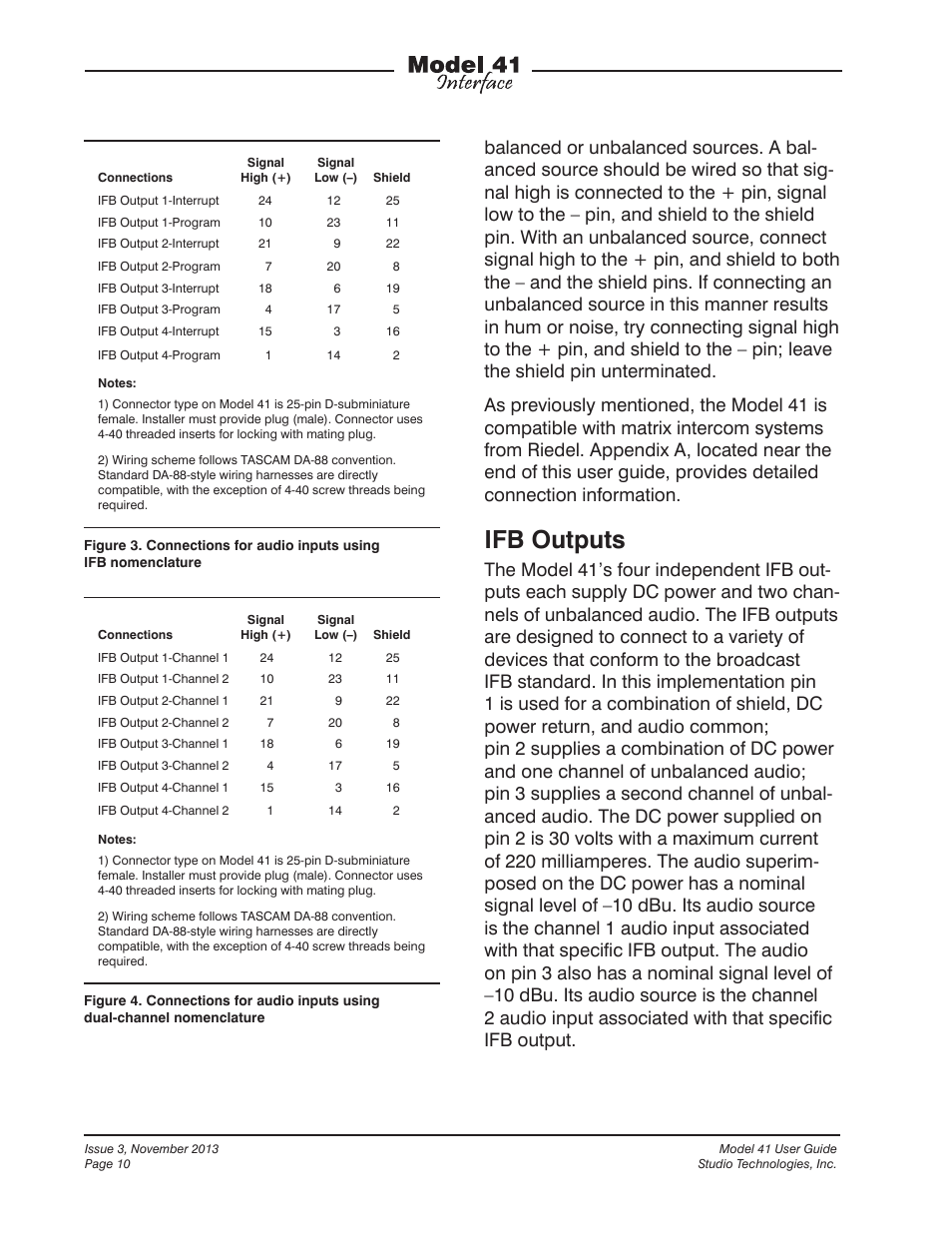 Ifb outputs | Studio Technologies 41 2013 User Manual | Page 10 / 25